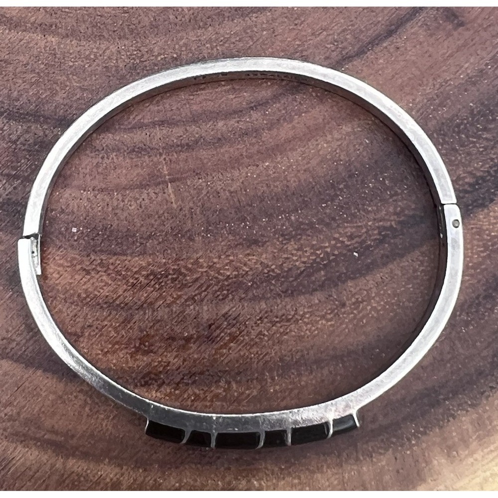 Vtg TAXCO Mexico Black Onyx Inlay Bangle Bracelet 925 Sterling Silver Hinged 24g - Picture 5 of 16